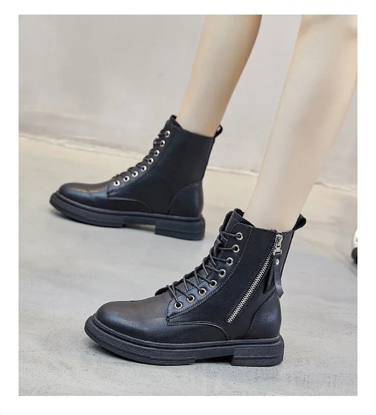 Bottines Femme en Cuir Véritable – Chaussures Chaudes à Lacets avec Semelle Plateforme – Style Motard Hiver/Automne – Pointure 35 à 43 - BLACKBEARD OUTDOOR INDUSTRIES