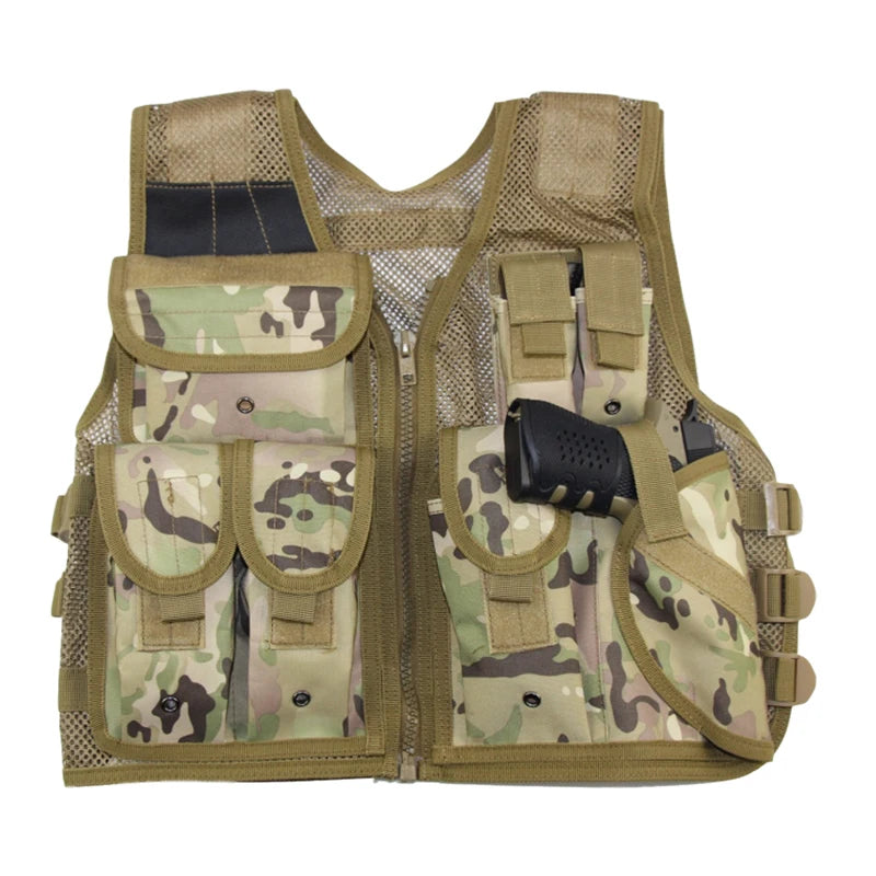Gilet Tactique MOLLE Mesh Respirant – 6 Poches, Holster Pistolet, Chasse Airsoft Randonnée