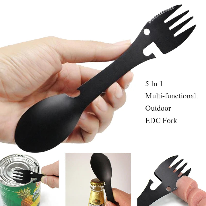 Outil Multifonction 5 en 1 pour Camping - Fourchette, Couteau, Cuillère, Ouvre-Bouteille