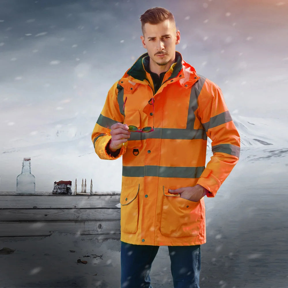 Veste de Sécurité Haute Visibilité EN471 ANSI/SEA 107 7-en-1 - Parka Imperméable et Coupe-Vent, Vêtement de Travail Réfléchissant, Manteau de Pluie Chaud et Résistant - BLACKBEARD OUTDOOR INDUSTRIES