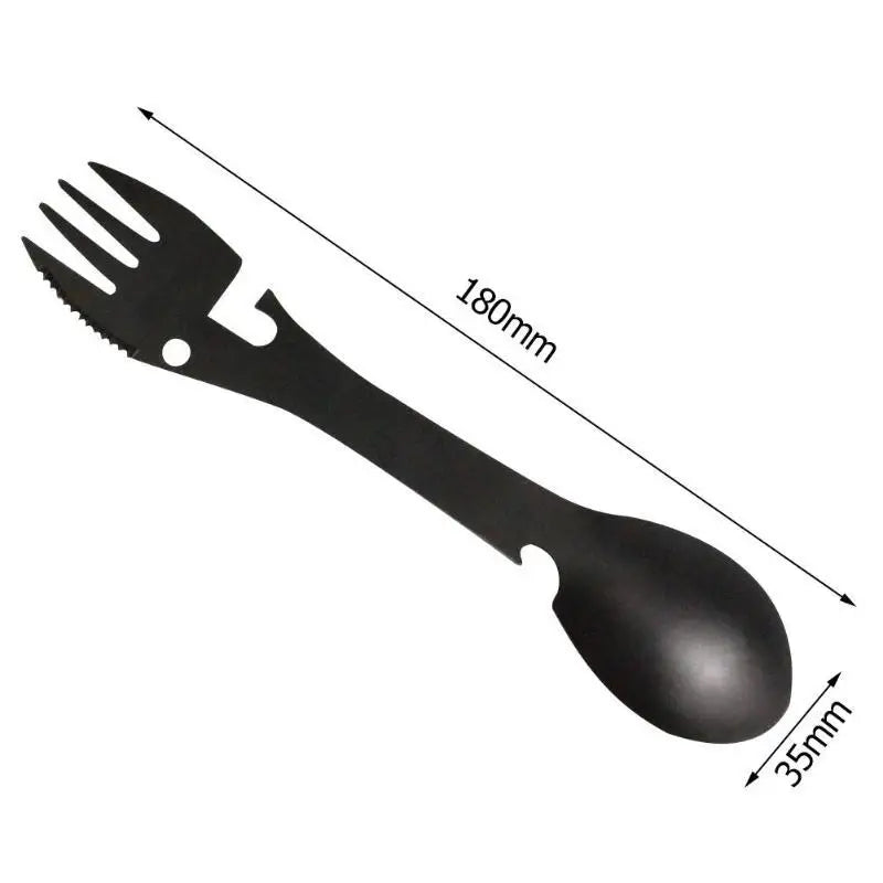 Outil Multifonction 5 en 1 pour Camping - Fourchette, Couteau, Cuillère, Ouvre-Bouteille