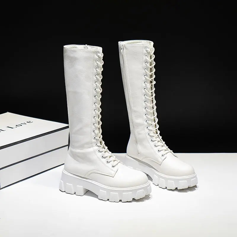 Bottes Hautes Femme Jusqu'au Genou – Talon Carré Cuir Verni Lacets