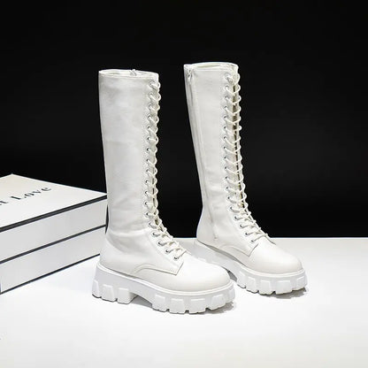 Bottes Hautes Femme Jusqu'au Genou – Talon Carré Cuir Verni Lacets