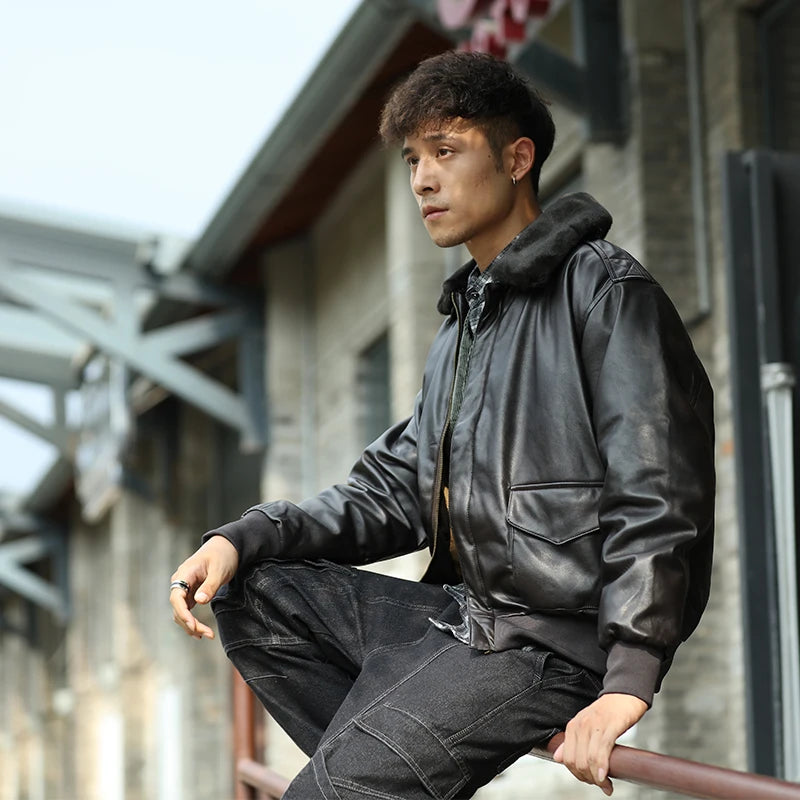 Blouson Bomber Homme Vintage en Similicuir - Col Fourrure Amovible