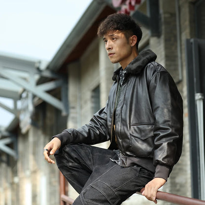 Blouson Bomber Homme Vintage en Similicuir - Col Fourrure Amovible