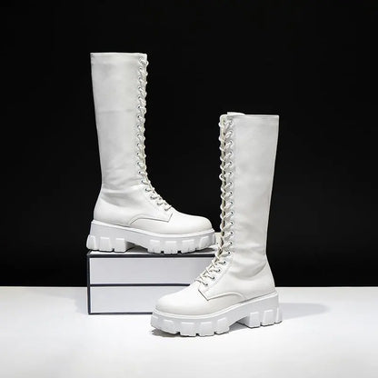 Bottes Hautes Femme Jusqu'au Genou – Talon Carré Cuir Verni Lacets