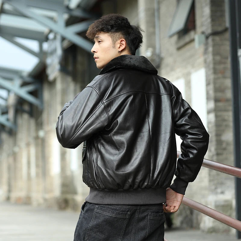 Blouson Bomber Homme Vintage en Similicuir - Col Fourrure Amovible