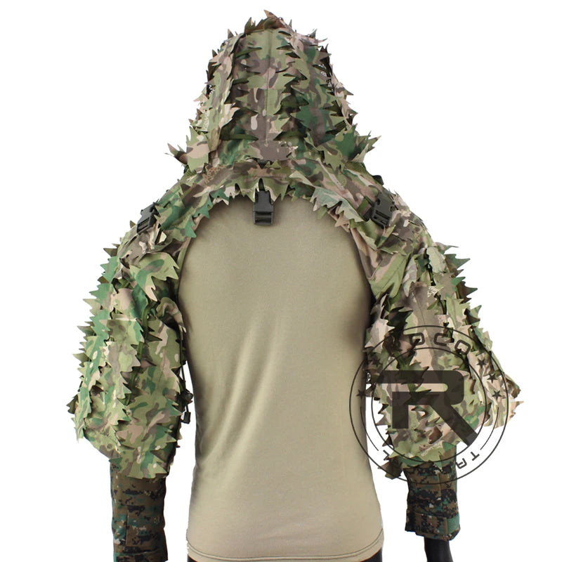 Combinaison Ghillie Tactique ROCOTACTICAL – Cagoule Viper 3D, Bandes Feuillages, Sniper Chasse Airsoft