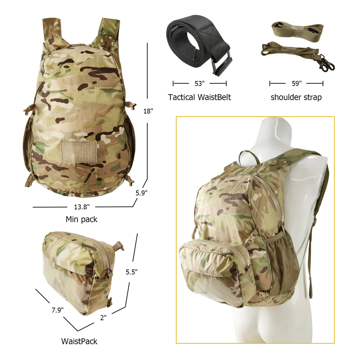 Sac à dos tactique pliable camouflage avec pochette détachable