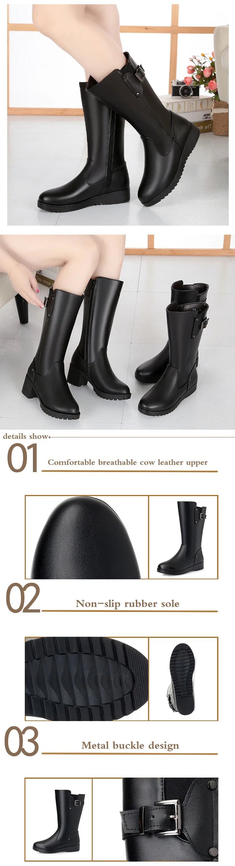 Bottes Femme DRKANOL en Cuir Véritable – Doublure Laine Naturelle – Bottes Chaudes d’Hiver | Tailles 34 à 45 - BLACKBEARD OUTDOOR INDUSTRIES