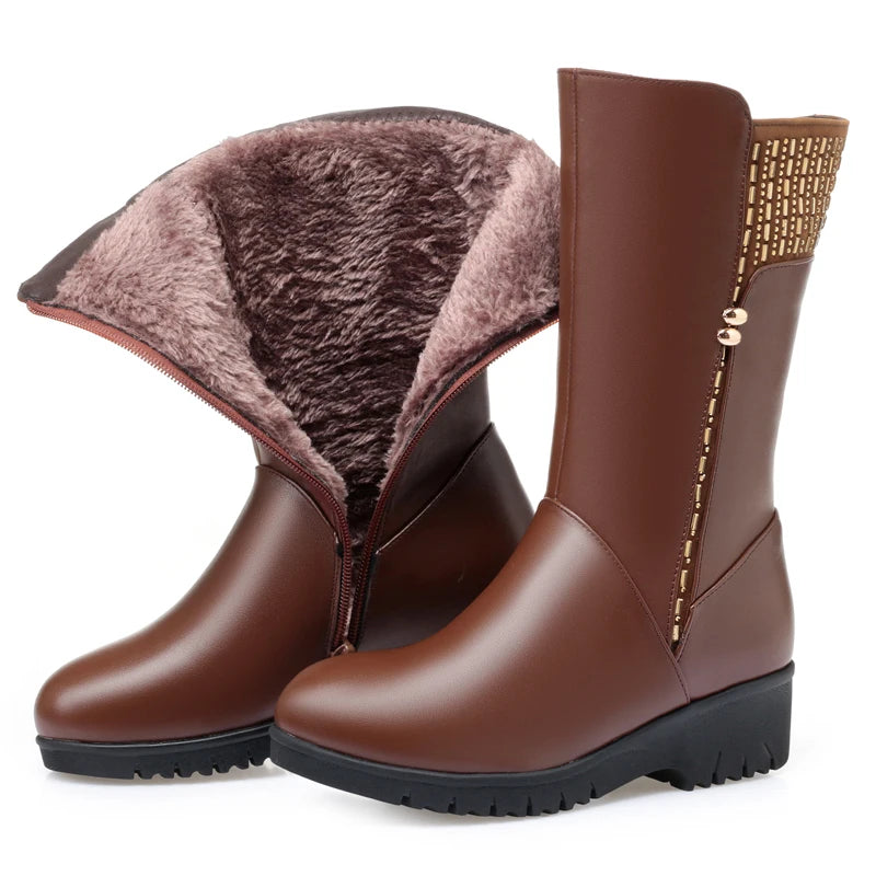 Bottes d’hiver femme mi-mollet en cuir à doublure au choix