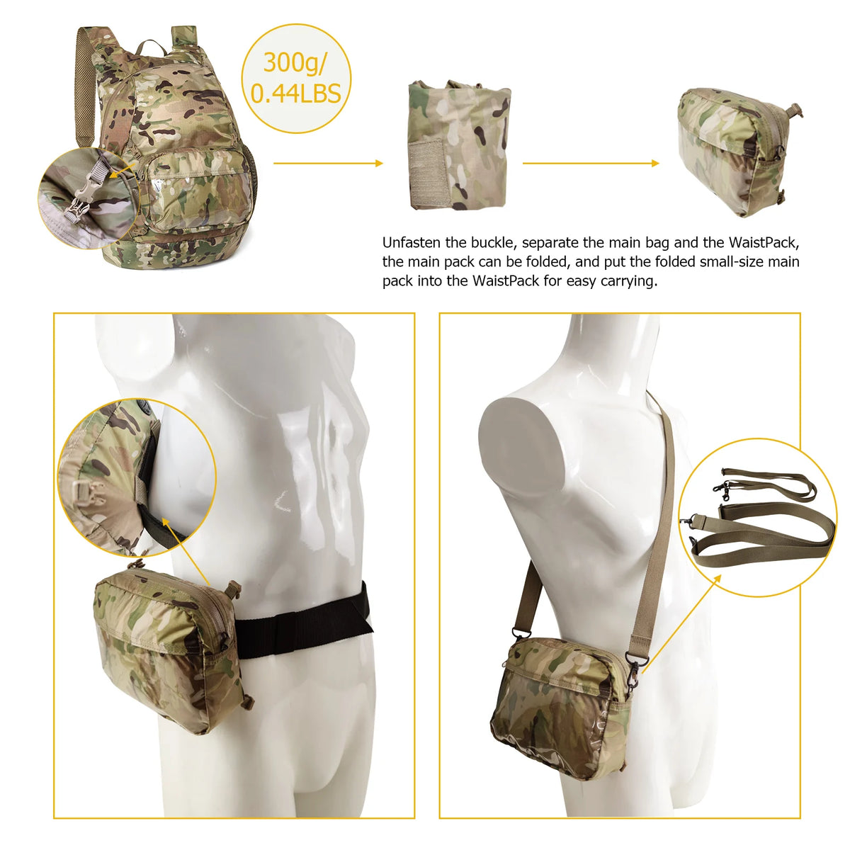 Sac à dos tactique pliable camouflage avec pochette détachable