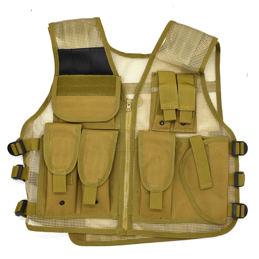 Gilet Tactique MOLLE Mesh Respirant – 6 Poches, Holster Pistolet, Chasse Airsoft Randonnée
