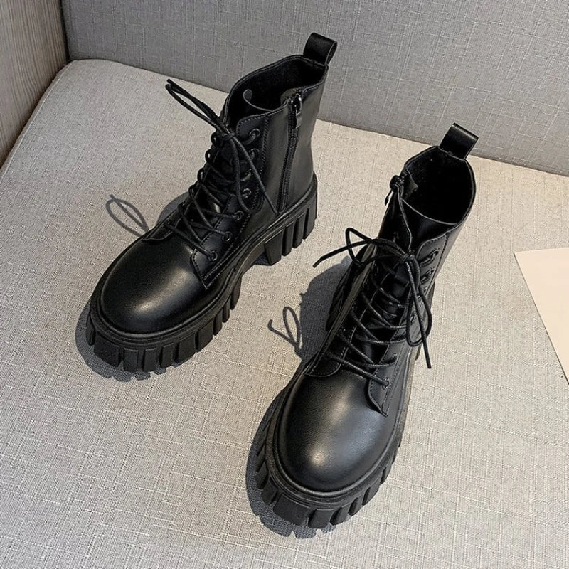 Bottines femme à lacets en simili cuir, talon compensé