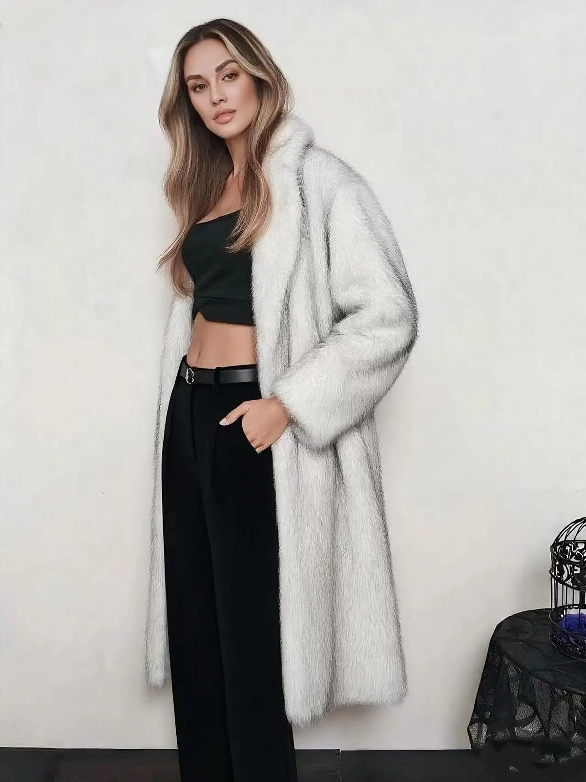 Manteau long en fausse fourrure femme, style renard