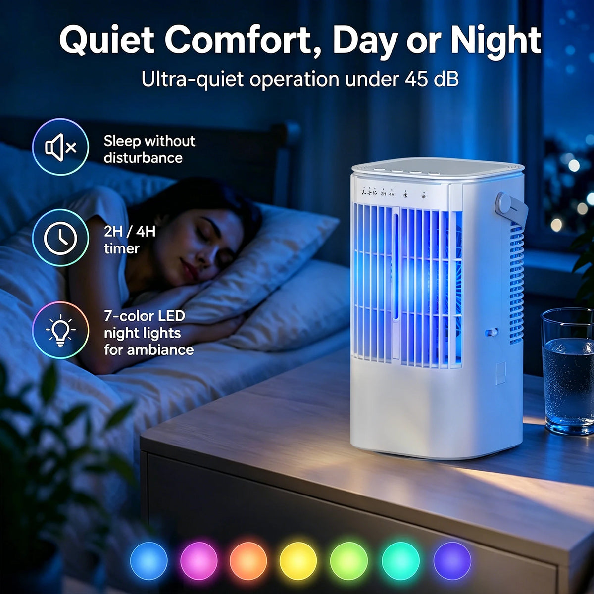 Ventilateur Portable USB avec Veilleuse 7 Couleurs – 900ml, Salon & Chambre