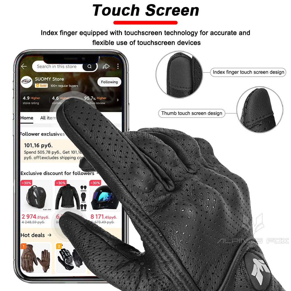 Gants Moto Cuir Vintage ALPINES FOX – Tactile Anti-Dérapant Respirant
