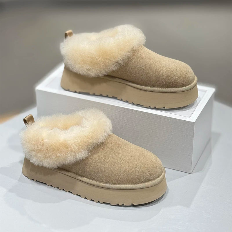 Bottines de Neige Femme Fourrure & Laine – Semelle Épaisse, Talon Carré, Slip-On Hiver