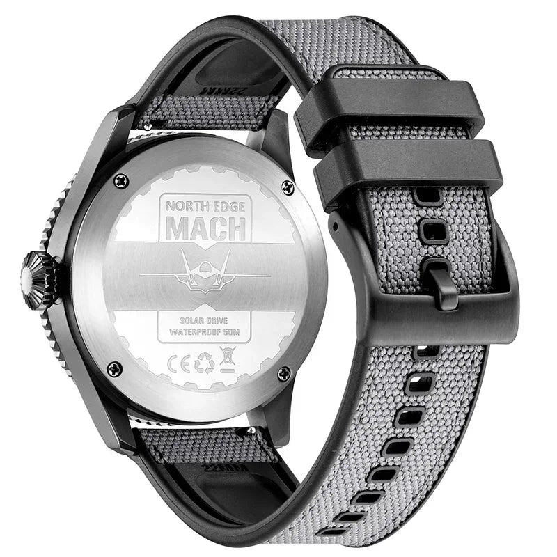 Montre Homme NORTH EDGE MACH 2024 – Solaire – Étanche 50M – Double Fuseau Horaire – Bracelet TPR & Nylon – Style Pilote - BLACKBEARD OUTDOOR INDUSTRIES
