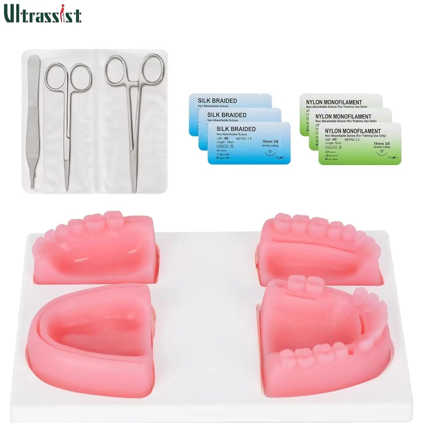 Kit Suture Dentaire 4-en-1 – 4 Pads Gencive Résine, Outils Inox & 6 Fils 4/0 – Formation Étudiants Dentistes