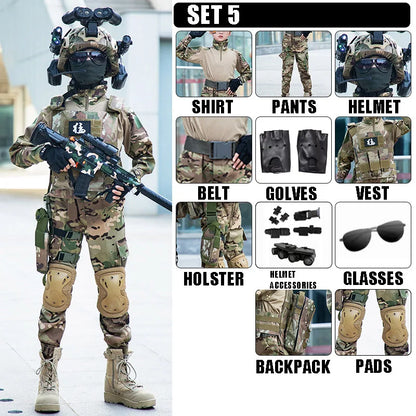 Ensemble Uniforme Militaire Tactique G3 Camouflage Enfant – Costume Soldat Garçon Fille