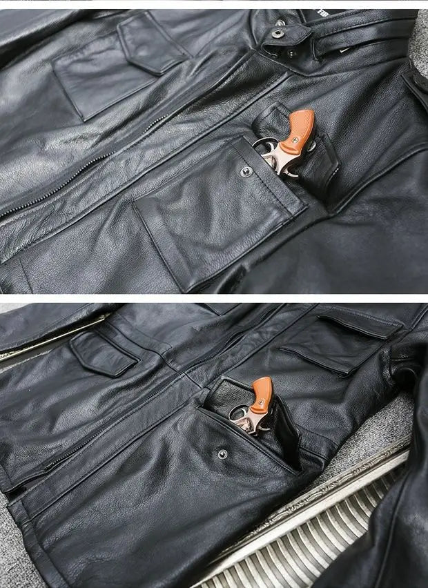 M65 Hunting100% Genuine Leather Jacket Men Cowhide Mid-length Multiple Pockets Coat Winter Autumn Windproof Motorcycle Outwear BLACKBEARD OUTDOOR INDUSTRIES