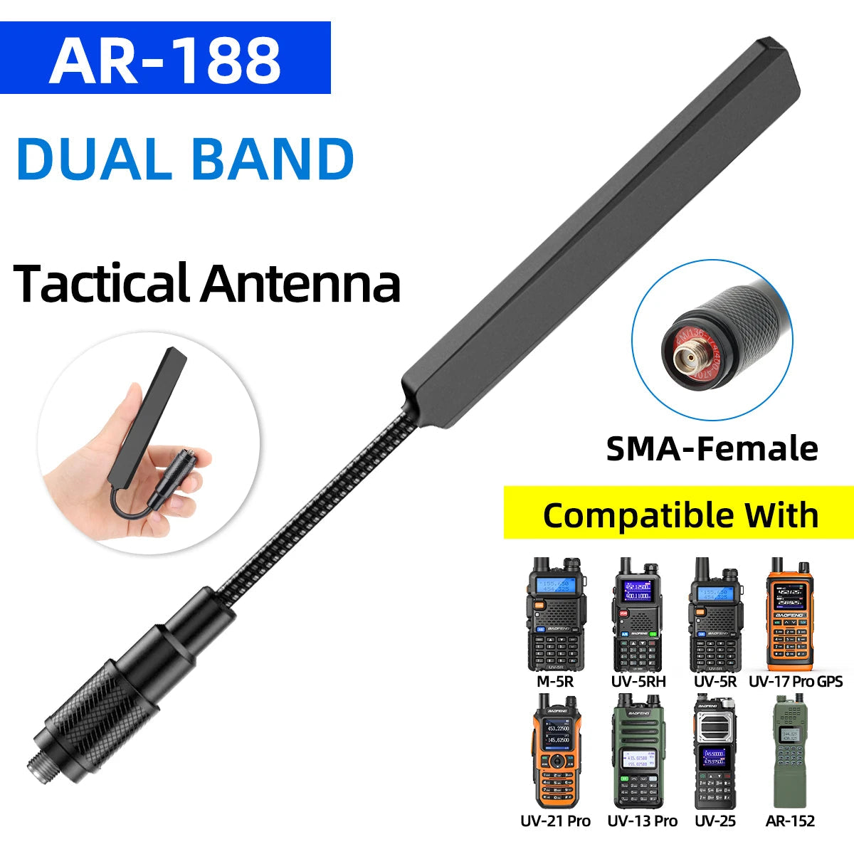 Antenne Tactique Gooseneck ABBREE AR-188 SMA-Femelle VHF/UHF – Baofeng & Quansheng