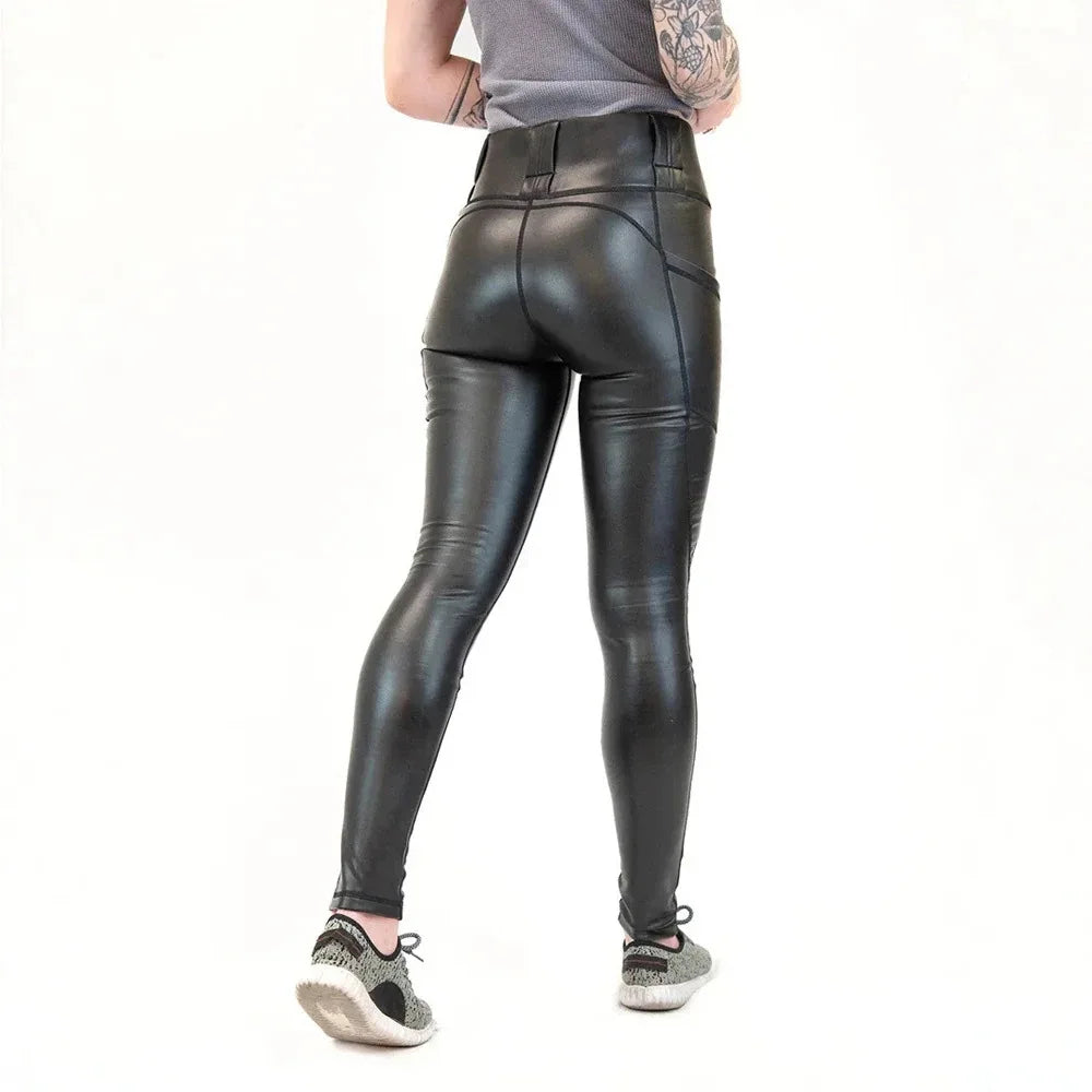 Legging Tactique Simili Cuir Femme Taille Haute – 2 Poches, Compatible Holster & Ceinturon