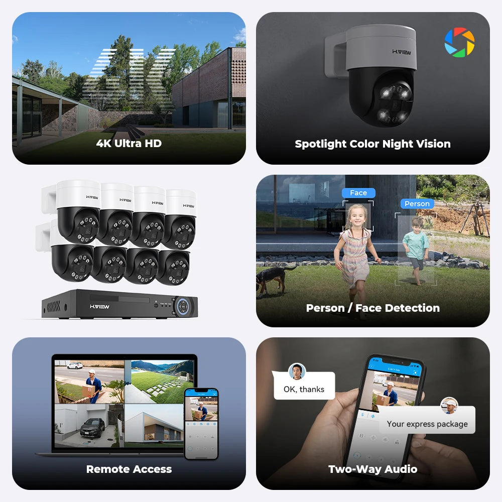 Kit Vidéosurveillance POE H.VIEW 5MP/8MP — NVR 8 Canaux + 4/6/8 Caméras IP Extérieur avec Détection IA - BLACKBEARD OUTDOOR INDUSTRIES