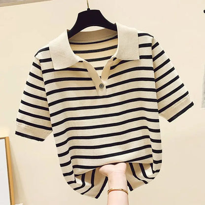 T-shirt Polo Rayé Femme – Col Boutonné, Manches Courtes, Coupe Loose | S à XXXL