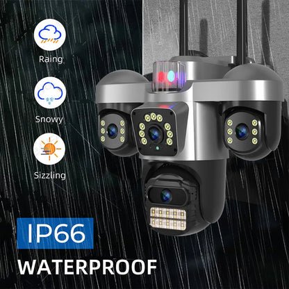 Caméra de Sécurité WiFi 360° Triple Objectif 15MP – Suivi IA, Vision Nocturne Couleur, Extérieur IP66