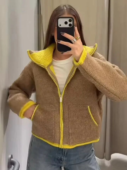 Veste courte femme bicolore zippée à col montant