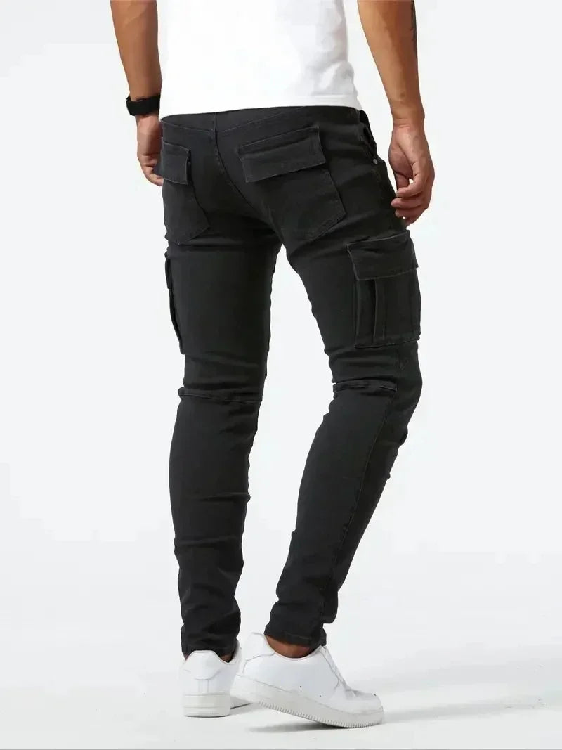 Jean Cargo Slim Stretch Homme – Multi-Poches, Taille Mi-Haute, Style Streetwear