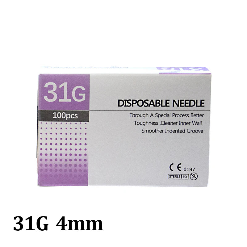 Aiguilles Ultra-fines Indolores 100 pcs – 25G à 34G, 1,5 à 25 mm – Seringue Transparente Embout Capuchon – Beauté & Médical