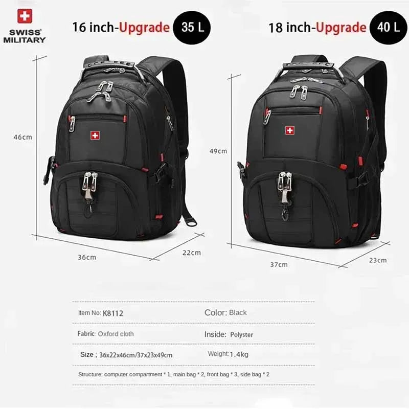 Sac à Dos SWISS 17" pour Ordinateur Portable - Imperméable, avec Port de Charge USB, Multifonction, Style Swiss - Sac de Voyage, de Randonnée et Scolaire - BLACKBEARD OUTDOOR INDUSTRIES