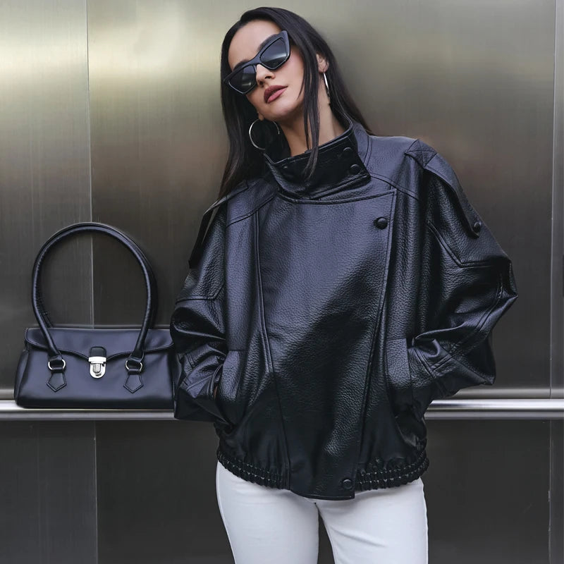 Perfecto Simili-Cuir Femme Oversize – Col Reversé, Fermeture Zip, Style Biker Streetwear Automne/Hiver - BLACKBEARD OUTDOOR INDUSTRIES