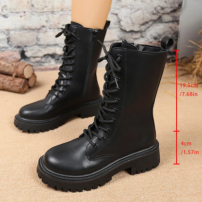 Bottes de Combat Femme Cuir PU – Talon Carré Zip Mi-Mollet Style Britannique
