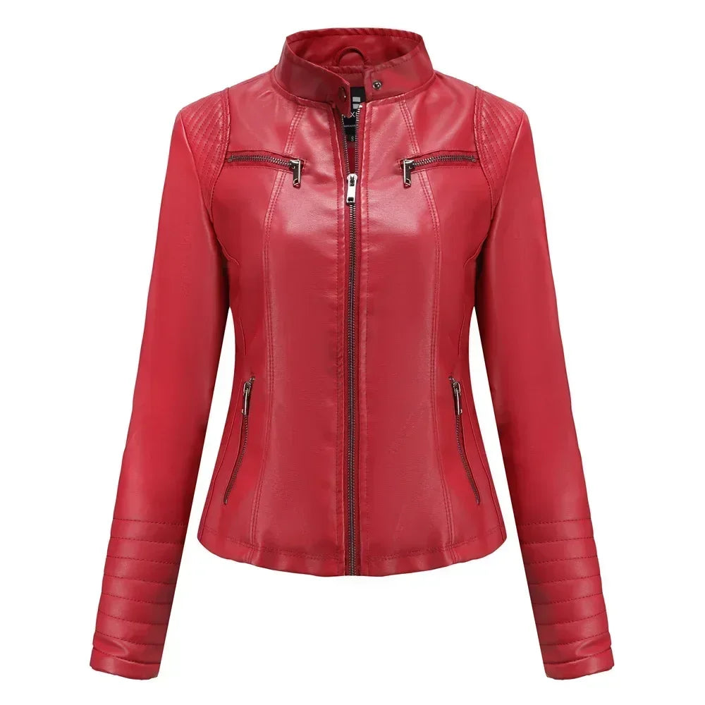 Veste Simili Cuir Moto Femme – 6 Coloris, Col Montant Zip, Printemps Automne