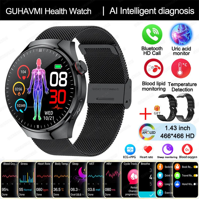 Montre Connectée Médicale GUHUAVMI TK26 – ECG+PPG – Uric Acid, Température, Lipides, Appels Bluetooth – Écran AMOLED 1.43” – Étanche IP68 - BLACKBEARD OUTDOOR INDUSTRIES