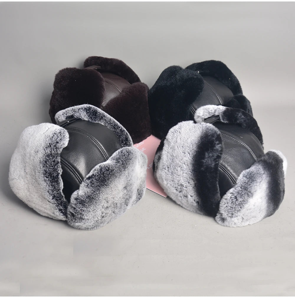 Chapka Bombardier Mixte en Véritable Fourrure de Lapin Rex et Cuir de Mouton – Modèle Ushanka Hiver - BLACKBEARD OUTDOOR INDUSTRIES