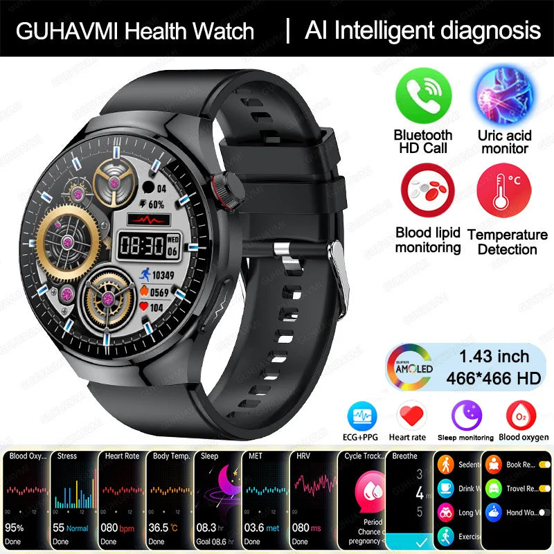 Montre Connectée Médicale GUHUAVMI TK26 – ECG+PPG – Uric Acid, Température, Lipides, Appels Bluetooth – Écran AMOLED 1.43” – Étanche IP68 - BLACKBEARD OUTDOOR INDUSTRIES