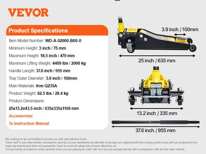 Cric Hydraulique Bas Profil 2 Tonnes VEVOR – Double Pompe à Piston | Lève-Véhicule Haute Performance - BLACKBEARD OUTDOOR INDUSTRIES