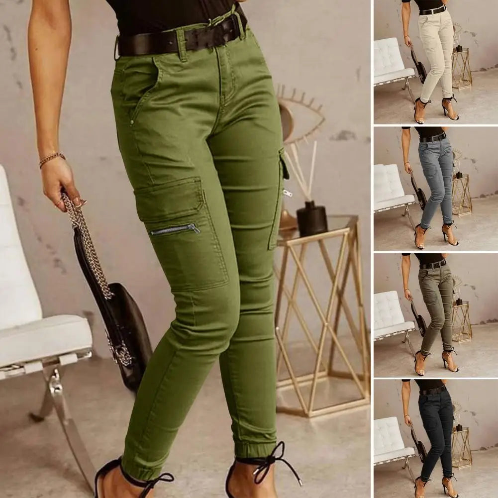 Pantalon Cargo Femme Multi-Poches Coton – Taille Mi-Haute, Coupe Slim, 5 Coloris
