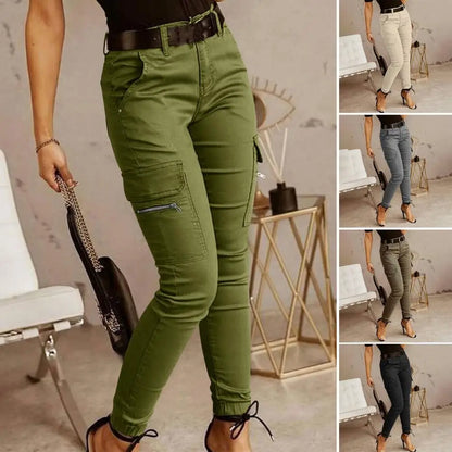 Pantalon Cargo Femme Multi-Poches Coton – Taille Mi-Haute, Coupe Slim, 5 Coloris