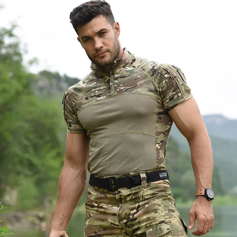 T-Shirt Tactique Combat Homme – Manches Courtes, Camouflage Multicam | Chasse & Airsoft