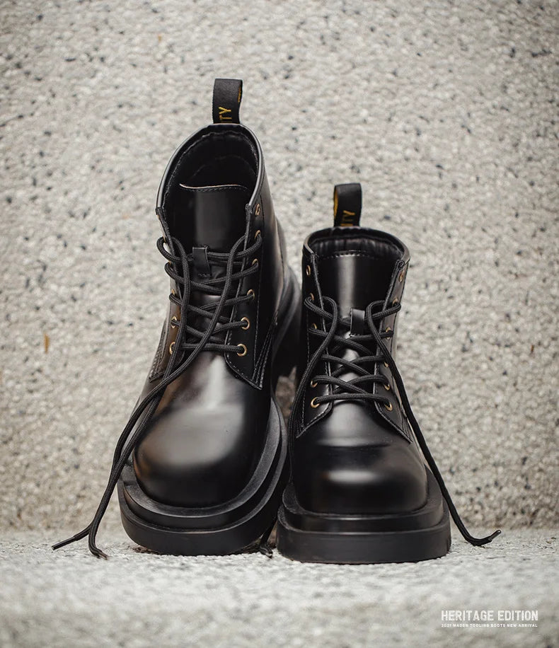 Maden Men's Handmade Cowboy Boots Black Motorcycle Boot British Split Leather TPR Sole Work Safety Boot Mid Outside Shoes BLACKBEARD OUTDOOR INDUSTRIES