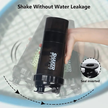 Shaker 3 Compartiments 600ml ABS — Mixage Sans Grumeaux | Sport & Musculation | Gourde Double Usage | Noir, Blanc, Rouge, Bleu