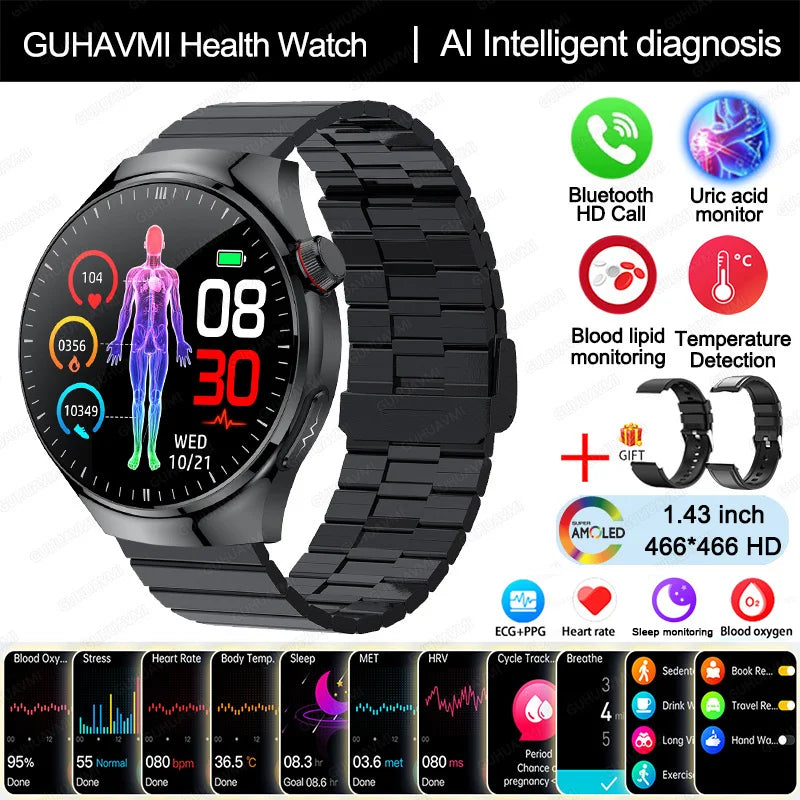 Montre Connectée Médicale GUHUAVMI TK26 – ECG+PPG – Uric Acid, Température, Lipides, Appels Bluetooth – Écran AMOLED 1.43” – Étanche IP68 - BLACKBEARD OUTDOOR INDUSTRIES