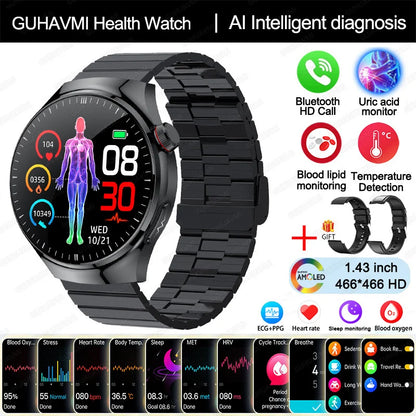 Montre Connectée Médicale GUHUAVMI TK26 – ECG+PPG – Uric Acid, Température, Lipides, Appels Bluetooth – Écran AMOLED 1.43” – Étanche IP68 - BLACKBEARD OUTDOOR INDUSTRIES