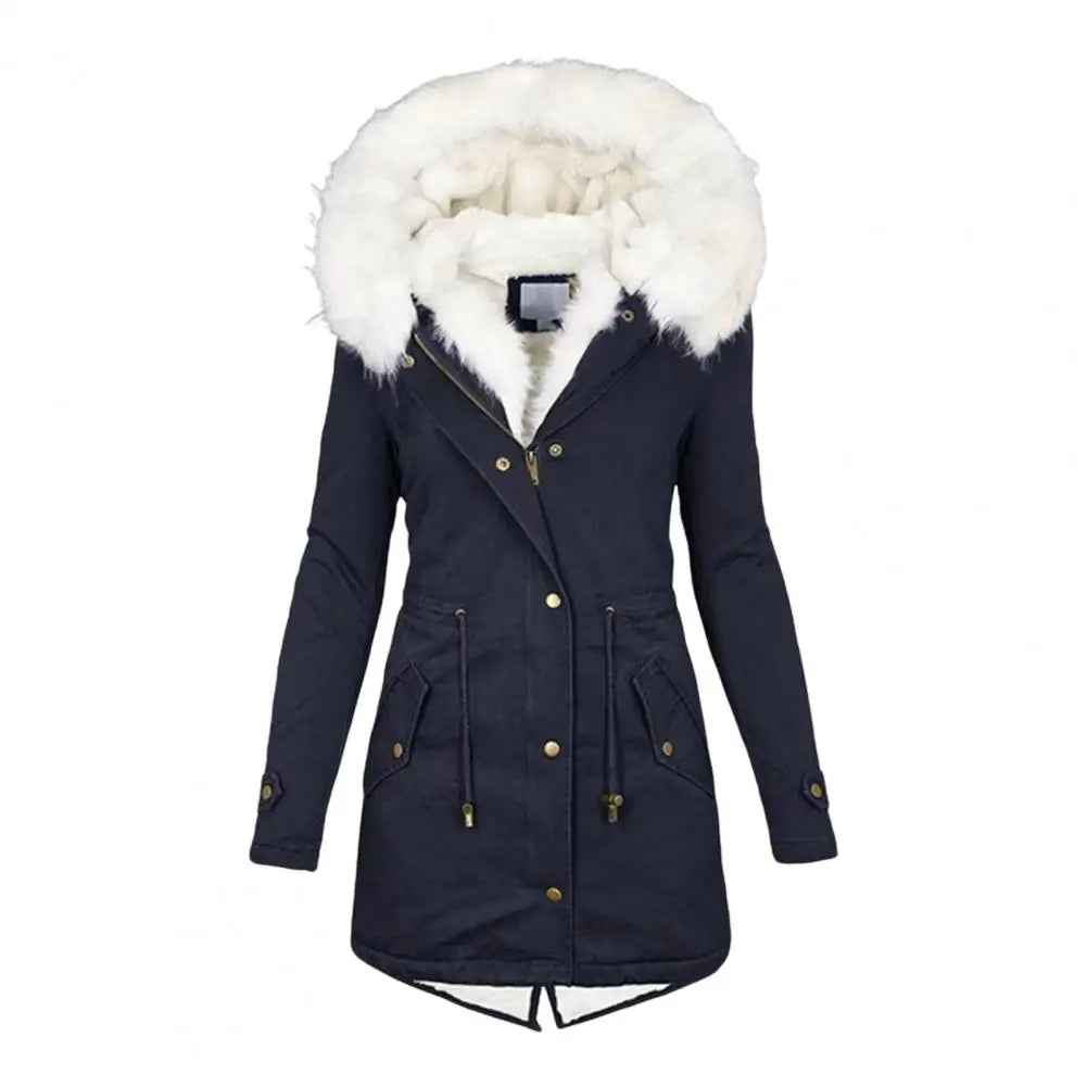 Manteau d’hiver femme long à capuche bordée de fausse fourrure